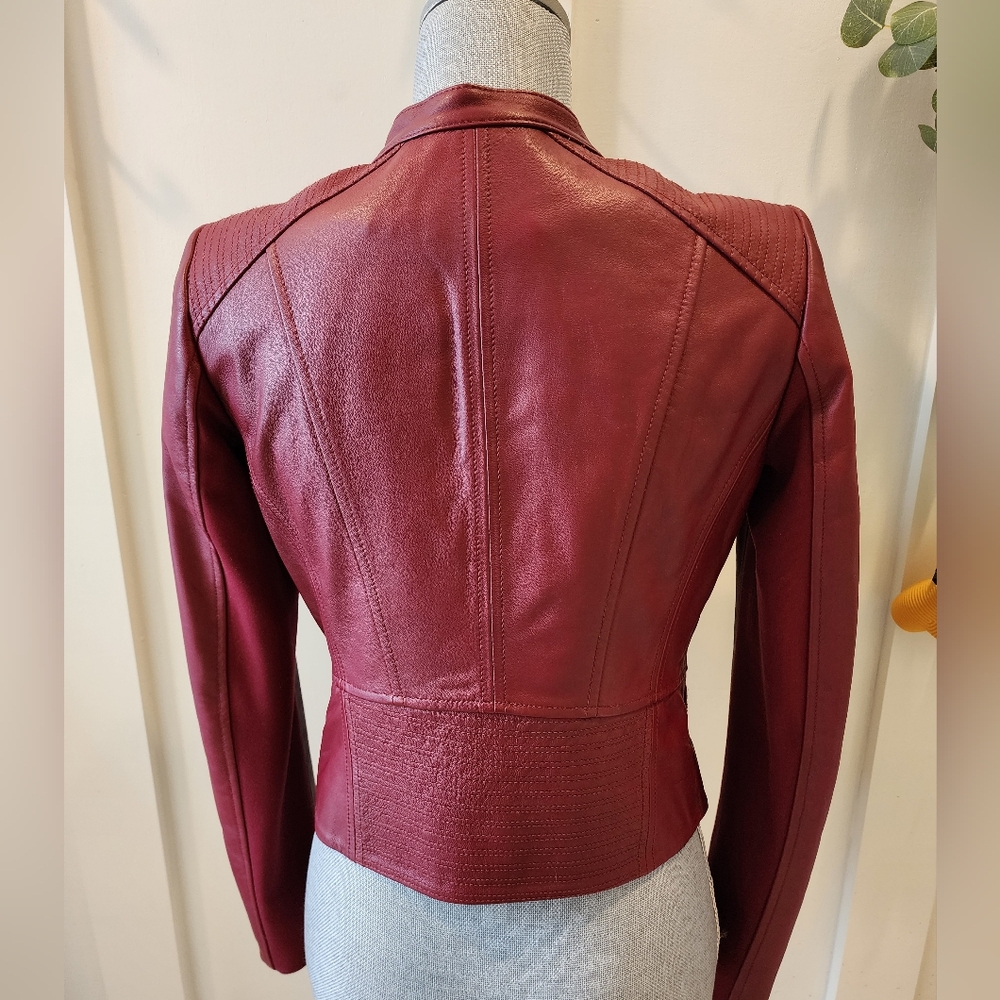 Free Ship!! WHBM Red Leather Moto Jacket with Sleek Fit SIZE XS - Picture 12 of 16